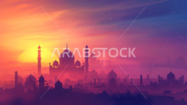 أماكن آداء الفرائض والصلوات في المملكه العربية السعودية، الفن الهندسي المعماري للقبب والمآذن، العبادة والتقرب إلى الله، صورة ظلية لمسجد على الطراز العربي الإسلامي في وقت غروب الشمس، سالوييت