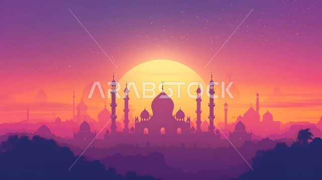 أماكن آداء الفرائض والصلوات في المملكه العربية السعودية، الفن الهندسي المعماري للقبب والمآذن، العبادة والتقرب إلى الله، صورة ظلية لمسجد على الطراز العربي الإسلامي في وقت غروب الشمس، سالوييت