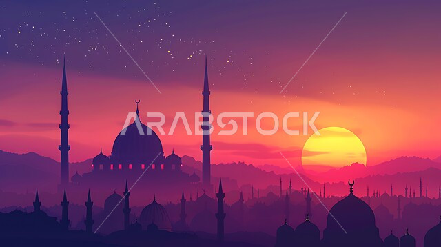 العبادة والتقرب إلى الله، أماكن آداء الفرائض والصلوات في المملكه العربية السعودية، الفن الهندسي المعماري للقبب والمآذن، صورة ظلية لمسجد على الطراز العربي الإسلامي في وقت غروب الشمس، سالوييت