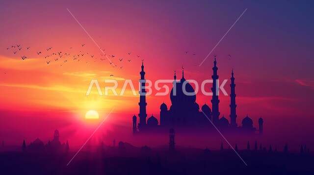 أماكن آداء الفرائض والصلوات في المملكه العربية السعودية، الفن الهندسي المعماري للقبب والمآذن، العبادة والتقرب إلى الله، صورة ظلية لمسجد على الطراز العربي الإسلامي في وقت غروب الشمس، سالوييت
