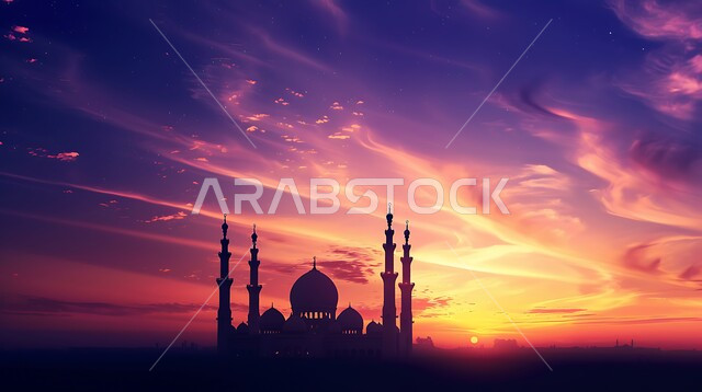 العبادة والتقرب إلى الله، الفن الهندسي المعماري للقبب والمآذن، صورة ظلية لمسجد على الطراز العربي الإسلامي، منظر السماء المليئه بالسحب في وقت غروب الشمس، أماكن آداء الفرائض والصلوات في المملكه العربية السعودية، سالوييت