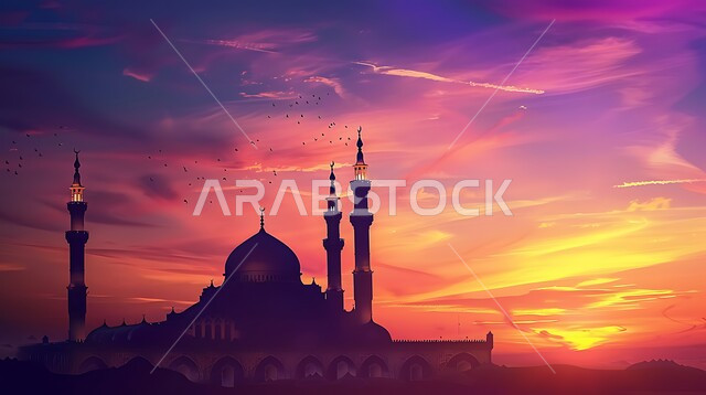 العبادة والتقرب إلى الله، الفن الهندسي المعماري للقبب والمآذن، صورة ظلية لمسجد على الطراز العربي الإسلامي، منظر السماء المليئه بالسحب في وقت غروب الشمس، أماكن آداء الفرائض والصلوات في المملكه العربية السعودية، سالوييت