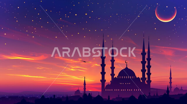 منظر الهلال والنجوم في السماء وقت غروب الشمس، أماكن آداء الفرائض والصلوات في المملكه العربية السعودية، العبادة والتقرب إلى الله، الفن الهندسي المعماري للقبب والمآذن، صورة ظلية لمسجد على الطراز العربي الإسلامي، سالوييت