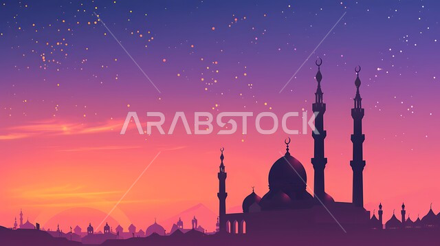 الفن الهندسي المعماري للقبب والمآذن، العبادة والتقرب إلى الله، أماكن آداء الفرائض والصلوات في المملكه العربية السعودية، صورة ظلية لمسجد على الطراز العربي الإسلامي في وقت غروب الشمس، سالوييت