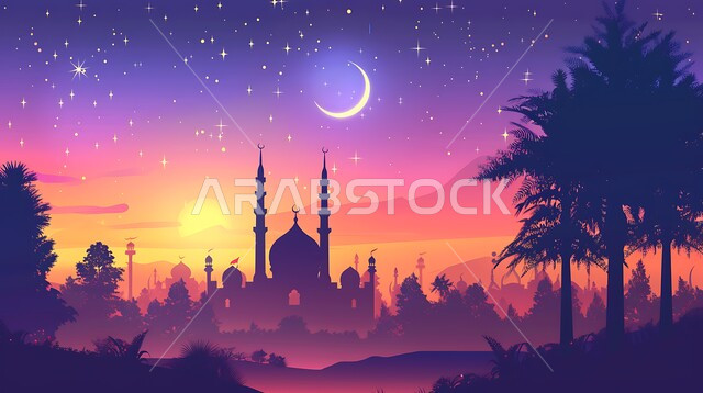 الفن الهندسي المعماري للقبب والمآذن، العبادة والتقرب إلى الله، منظر الهلال والنجوم في السماء وقت غروب الشمس، أماكن آداء الفرائض والصلوات في المملكه العربية السعودية، صورة ظلية لمسجد على الطراز العربي الإسلامي، سالوييت