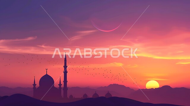 الفن الهندسي المعماري للقبب والمآذن، صورة ظلية لمسجد على الطراز العربي الإسلامي، العبادة والتقرب إلى الله، منظر السماء المليئه بالسحب في وقت غروب الشمس، أماكن آداء الفرائض والصلوات في المملكه العربية السعودية، سالوييت