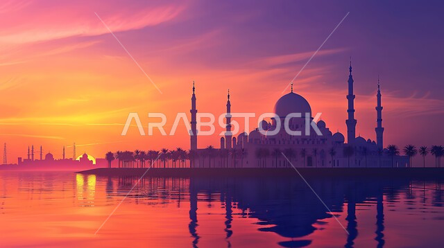 انعكاس المسجد على سطح الماء، الفن الهندسي المعماري للقبب والمآذن، العبادة والتقرب إلى الله، أماكن آداء الفرائض والصلوات في المملكه العربية السعودية، صورة ظلية لمسجد على الطراز العربي الإسلامي وقت غروب الشمس، سالوييت