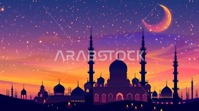 الفن الهندسي المعماري للقبب والمآذن، العبادة والتقرب إلى الله، منظر الهلال والنجوم في السماء وقت غروب الشمس، أماكن آداء الفرائض والصلوات في المملكه العربية السعودية، صورة ظلية لمسجد على الطراز العربي الإسلامي، سالوييت