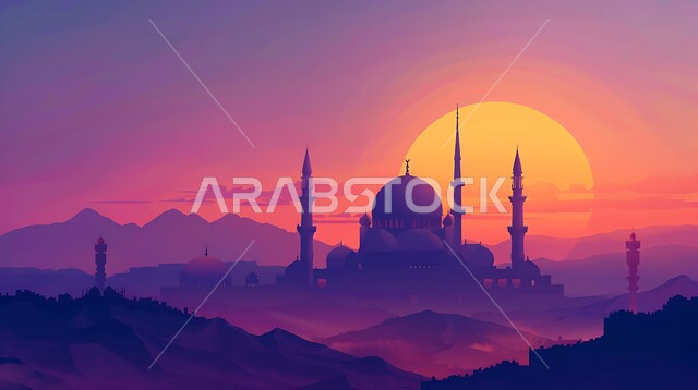 الفن الهندسي المعماري للقبب والمآذن، العبادة والتقرب إلى الله، أماكن آداء الفرائض والصلوات في المملكه العربية السعودية، صورة ظلية لمسجد على الطراز العربي الإسلامي في وقت غروب الشمس، سالوييت