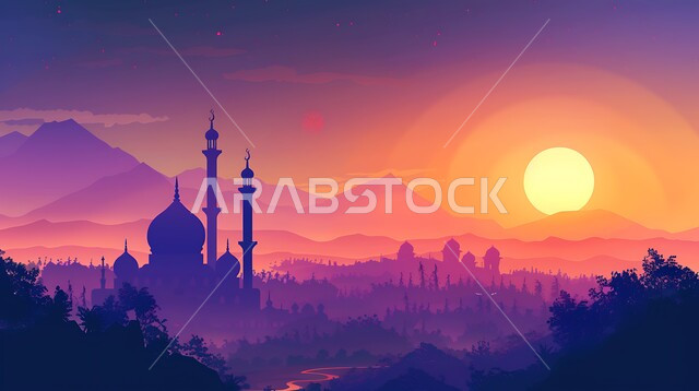 أماكن آداء الفرائض والصلوات في المملكه العربية السعودية، الفن الهندسي المعماري للقبب والمآذن، العبادة والتقرب إلى الله، صورة ظلية لمسجد على الطراز العربي الإسلامي المحاط بالاشجار والنباتات وقت غروب الشمس، سالوييت