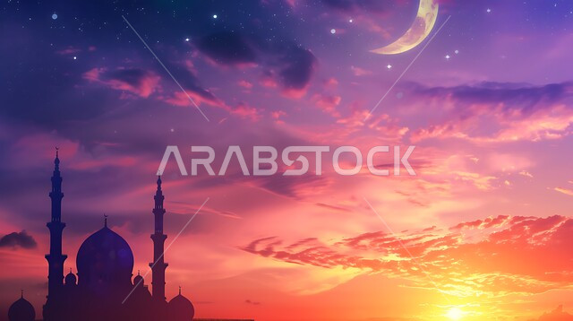 منظر الهلال في السماء وقت غروب الشمس، أماكن آداء الفرائض والصلوات في المملكه العربية السعودية، العبادة والتقرب إلى الله، الفن الهندسي المعماري للقبب والمآذن، صورة ظلية لمسجد على الطراز العربي الإسلامي، سالوييت