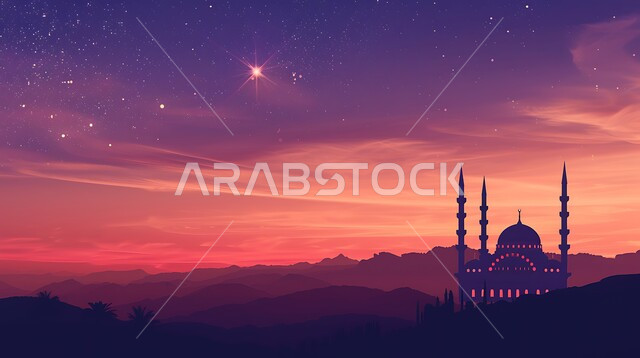 منظر السماء المليئه بالسحب في وقت غروب الشمس، الفن الهندسي المعماري للقبب والمآذن، أماكن آداء الفرائض والصلوات في المملكه العربية السعودية، صورة ظلية لمسجد على الطراز العربي الإسلامي، العبادة والتقرب إلى الله، سالوييت