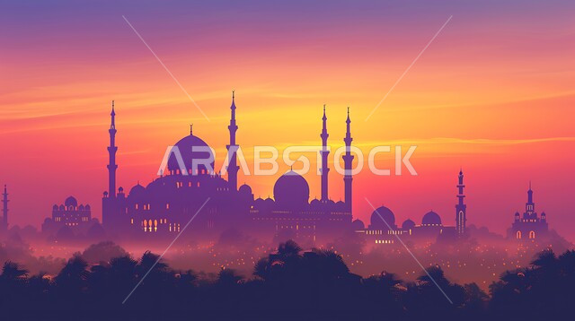 أماكن آداء الفرائض والصلوات في المملكه العربية السعودية، العبادة والتقرب إلى الله، الفن الهندسي المعماري للقبب والمآذن، صورة ظلية لمسجد على الطراز العربي الإسلامي، منظر السماء المليئه بالسحب في وقت غروب الشمس، سالوييت