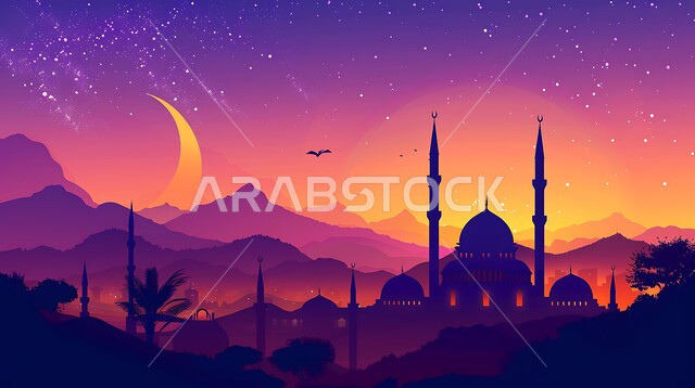 Worship and getting closer to God, the view of the crescent moon and stars in the sky at sunset, places of performing religious duties and prayers in the Kingdom of Saudi Arabia, the architectural art of domes and minarets, a silhouette of a mosque in the Arab-Islamic style, Saluit