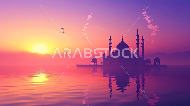 أماكن آداء الفرائض والصلوات في المملكه العربية السعودية، انعكاس المسجد على سطح الماء، الفن الهندسي المعماري للقبب والمآذن، العبادة والتقرب إلى الله، صورة ظلية لمسجد على الطراز العربي الإسلامي وقت غروب الشمس، سالوييت