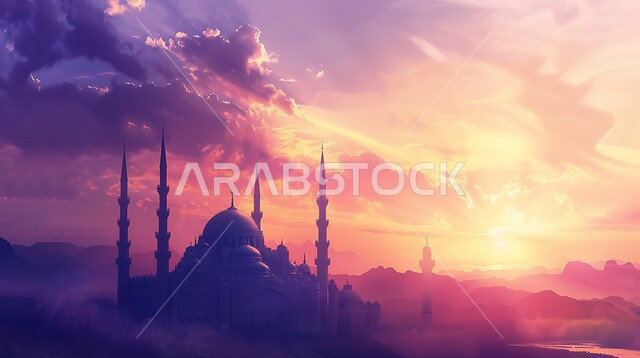 أماكن آداء الفرائض والصلوات في المملكه العربية السعودية، منظر السماء المليئه بالسحب في وقت غروب الشمس، صورة ظلية لمسجد على الطراز العربي الإسلامي، الفن الهندسي المعماري للقبب والمآذن، العبادة والتقرب إلى الله، سالوييت