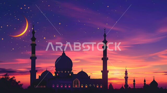 أماكن آداء الفرائض والصلوات في المملكه العربية السعودية، منظر الهلال في السماء وقت غروب الشمس، العبادة والتقرب إلى الله، الفن الهندسي المعماري للقبب والمآذن، صورة ظلية لمسجد على الطراز العربي الإسلامي، سالوييت