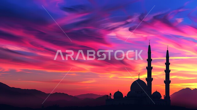 منظر السماء المليئه بالسحب في وقت غروب الشمس، صورة ظلية لمسجد على الطراز العربي الإسلامي، الفن الهندسي المعماري للقبب والمآذن، العبادة والتقرب إلى الله، أماكن آداء الفرائض والصلوات في المملكه العربية السعودية، سالوييت