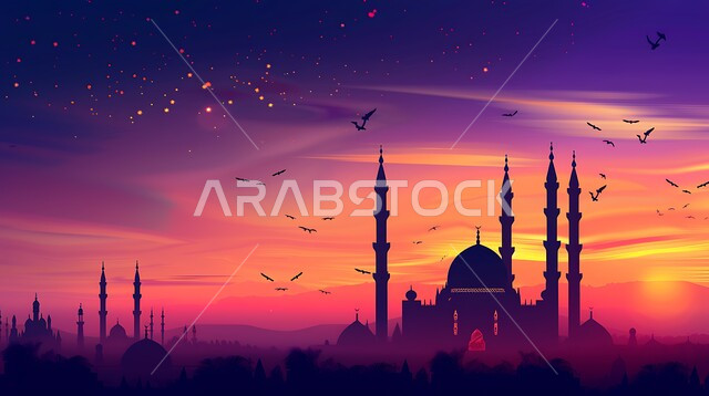 الفن الهندسي المعماري للقبب والمآذن، العبادة والتقرب إلى الله، أماكن آداء الفرائض والصلوات في المملكه العربية السعودية، صورة ظلية لمسجد على الطراز العربي الإسلامي في وقت غروب الشمس، سالوييت