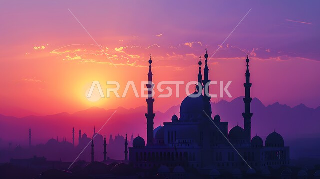 أماكن آداء الفرائض والصلوات في المملكه العربية السعودية، العبادة والتقرب إلى الله، الفن الهندسي المعماري للقبب والمآذن، صورة ظلية لمسجد على الطراز العربي الإسلامي، منظر السماء المليئه بالسحب في وقت غروب الشمس، سالوييت