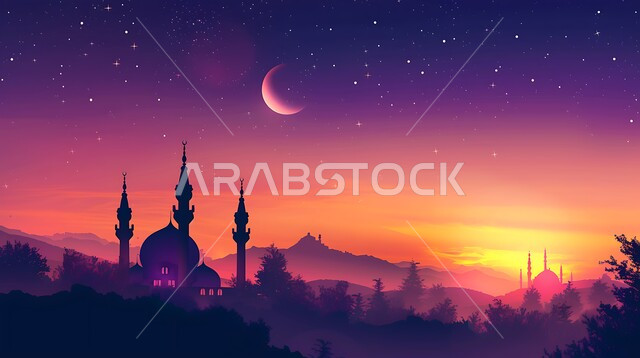 أماكن آداء الفرائض والصلوات في المملكه العربية السعودية، منظر الهلال في السماء وقت غروب الشمس، العبادة والتقرب إلى الله، الفن الهندسي المعماري للقبب والمآذن، صورة ظلية لمسجد على الطراز العربي الإسلامي، سالوييت