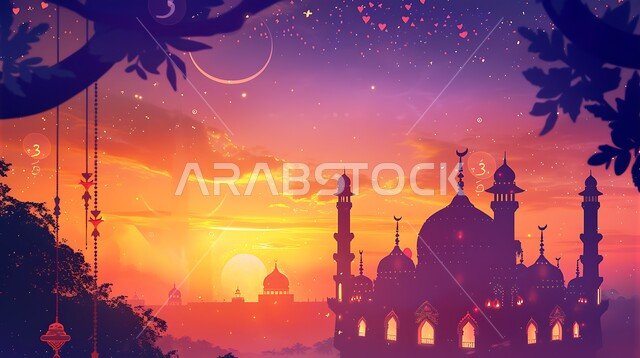 منظر السماء المليئه بالسحب في وقت غروب الشمس، صورة ظلية لمسجد على الطراز العربي الإسلامي، الفن الهندسي المعماري للقبب والمآذن، العبادة والتقرب إلى الله، أماكن آداء الفرائض والصلوات في المملكه العربية السعودية، سالوييت