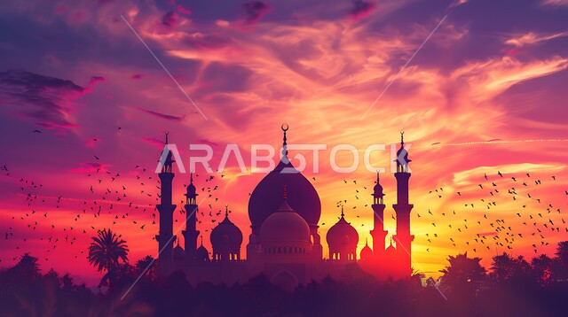 الفن الهندسي المعماري للقبب والمآذن، منظر السماء المليئه بالسحب في وقت غروب الشمس، أماكن آداء الفرائض والصلوات في المملكه العربية السعودية، العبادة والتقرب إلى الله، صورة ظلية لمسجد على الطراز العربي الإسلامي، سالوييت