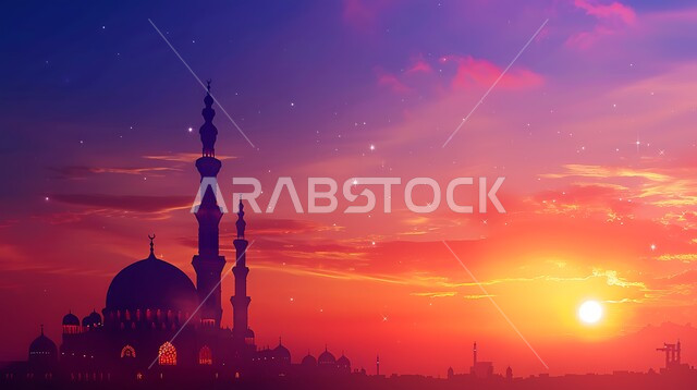 منظر السماء المليئه بالسحب في وقت غروب الشمس، أماكن آداء الفرائض والصلوات في المملكه العربية السعودية، العبادة والتقرب إلى الله، الفن الهندسي المعماري للقبب والمآذن، صورة ظلية لمسجد على الطراز العربي الإسلامي، سالوييت