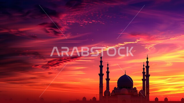 منظر السماء المليئه بالسحب في وقت غروب الشمس، أماكن آداء الفرائض والصلوات في المملكه العربية السعودية، العبادة والتقرب إلى الله، الفن الهندسي المعماري للقبب والمآذن، صورة ظلية لمسجد على الطراز العربي الإسلامي، سالوييت