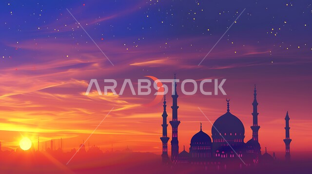 الفن الهندسي المعماري للقبب والمآذن، أماكن آداء الفرائض والصلوات في المملكه العربية السعودية، منظر الهلال في السماء وقت غروب الشمس، العبادة والتقرب إلى الله، صورة ظلية لمسجد على الطراز العربي الإسلامي، سالوييت