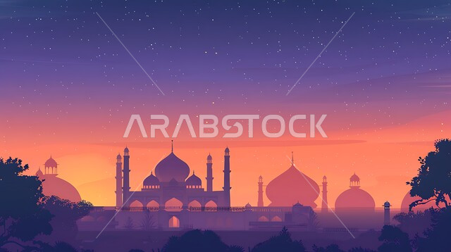 الفن الهندسي المعماري للقبب والمآذن، العبادة والتقرب إلى الله، أماكن آداء الفرائض والصلوات في المملكه العربية السعودية، صورة ظلية لمسجد على الطراز العربي الإسلامي في وقت غروب الشمس، سالوييت