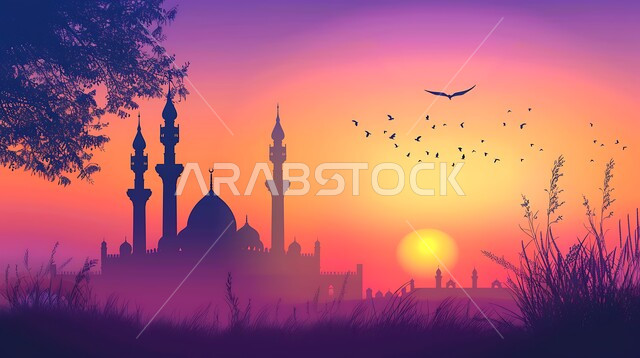أماكن آداء الفرائض والصلوات في المملكه العربية السعودية، الفن الهندسي المعماري للقبب والمآذن، العبادة والتقرب إلى الله، صورة ظلية لمسجد على الطراز العربي الإسلامي المحاط بالاشجار والنباتات وقت غروب الشمس، سالوييت