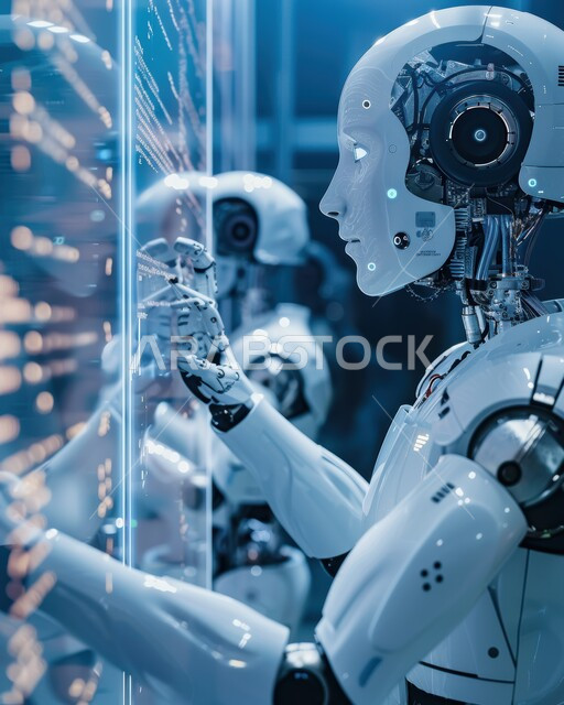 ابتكار الروبوتات العصرية, مركز أبحاث سعودي عصري في المملكة العربية السعودية، تقدم التكنولوجيا في المختبرات العلمية, صورة لروبوت في مخبر عرض التقنيات الروبوتية المتطورة، مفهوم البحث والتطوير العلمي