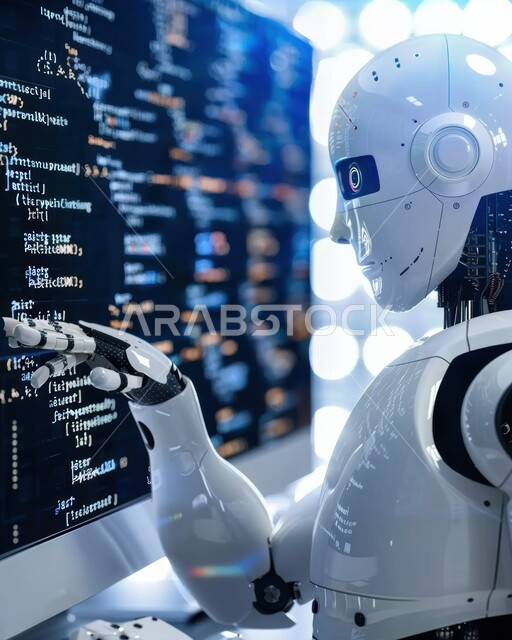 ابتكار الروبوتات العصرية, مركز أبحاث سعودي عصري في المملكة العربية السعودية، تقدم التكنولوجيا في المختبرات العلمية, صورة لروبوت في مخبر عرض التقنيات الروبوتية المتطورة، مفهوم البحث والتطوير العلمي