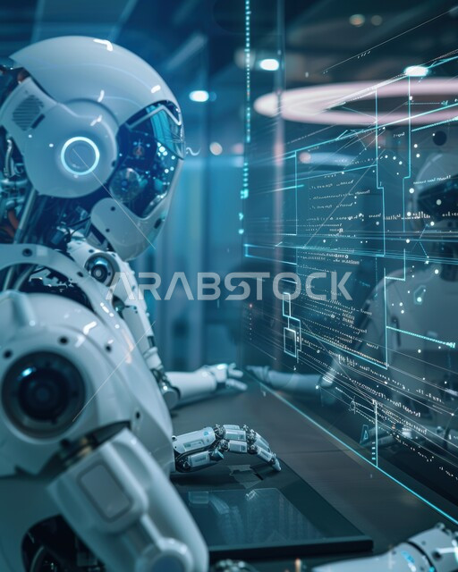 ابتكار الروبوتات العصرية, مركز أبحاث سعودي عصري في المملكة العربية السعودية، تقدم التكنولوجيا في المختبرات العلمية, صورة لروبوت في مخبر عرض التقنيات الروبوتية المتطورة، مفهوم البحث والتطوير العلمي