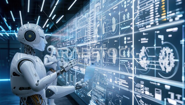 ابتكار الروبوتات العصرية, مركز أبحاث سعودي عصري في المملكة العربية السعودية، تقدم التكنولوجيا في المختبرات العلمية, صورة لروبوت في مخبر عرض التقنيات الروبوتية المتطورة، مفهوم البحث والتطوير العلمي