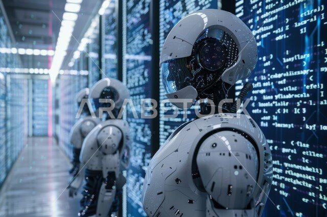 ابتكار الروبوتات العصرية, مركز أبحاث سعودي عصري في المملكة العربية السعودية، تقدم التكنولوجيا في المختبرات العلمية, صورة لروبوت في مخبر عرض التقنيات الروبوتية المتطورة، مفهوم البحث والتطوير العلمي