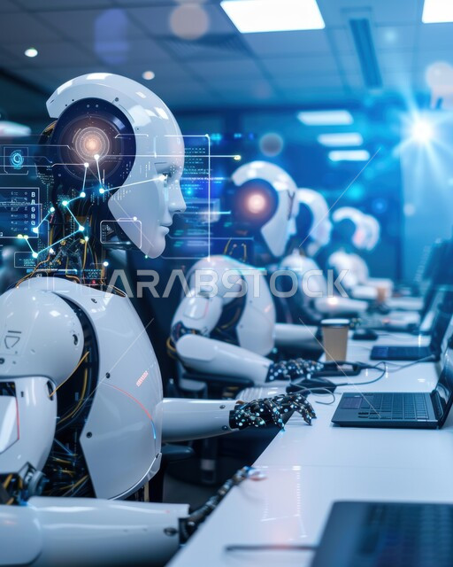 ابتكار الروبوت العصري, مركز أبحاث سعودي عصري في المملكة العربية السعودية، تقدم التكنولوجيا في المختبرات العلمية, صورة لمجموعة روبوتات في مخبر عرض التقنيات الروبوتية المتطورة، مفهوم البحث والتطوير العلمي