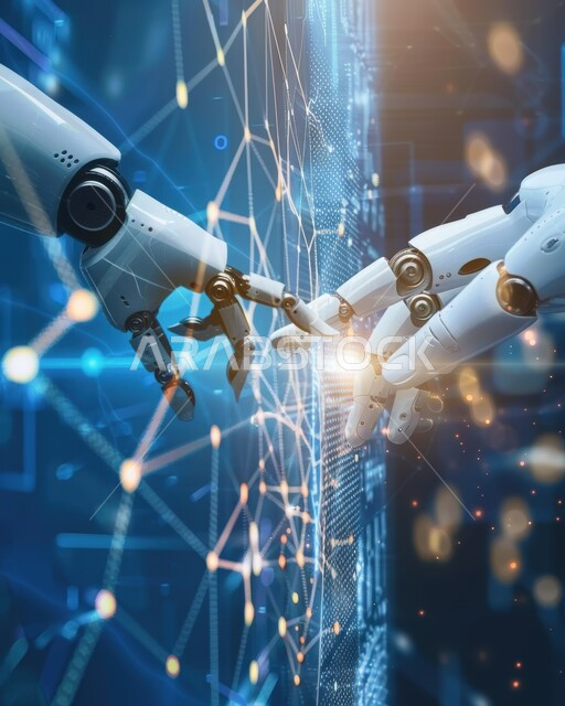 رؤية مستقبلية سعودية 2030، تطور الذكاء الاصطناعي والعلوم والتكنولوجيا، مفهوم التعاون بين الروبوتات، التحول الرقمي والتقدم التقني، تحقيق الثورة الصناعية في المجال الالكتروني, صورة مقربة  لاصابع روبوتية متلامسة