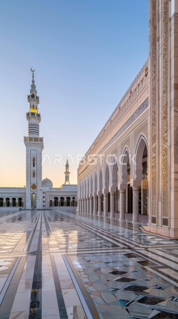 مفهوم العبادة والتقرب إلى الله تعالى، الساحة الخارجية لمسجد عريق، الديكورات والتصاميم الهندسية المعمارية لبناء المساجد في المملكة العربية السعودية،  المآذن والقبب على الطراز الإسلامي 