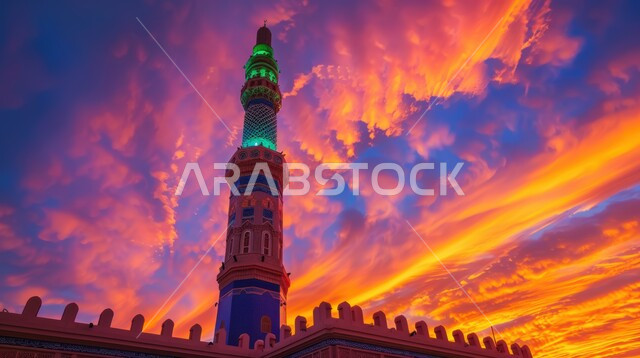 الفن الهندسي المعماري المتميز, الديكورات الاسلامية على الطراز الحديث في الممكلة العربية السعودية، العبادة والتقرب إلى الله، المآذن في وقت الغروب، منظر الغيوم في السماء