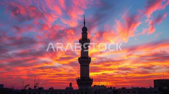 الفن الهندسي المعماري المتميز, الديكورات الاسلامية على الطراز الحديث في الممكلة العربية السعودية، العبادة والتقرب إلى الله، المآذن في وقت الغروب، منظر الغيوم في السماء