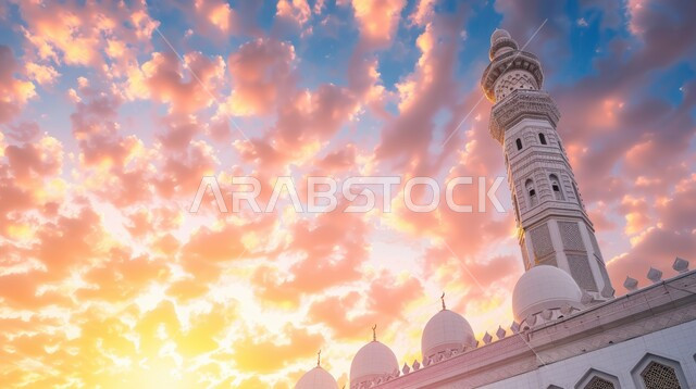 الفن الهندسي المعماري المتميز, الديكورات الاسلامية على الطراز الحديث في الممكلة العربية السعودية، العبادة والتقرب إلى الله، المآذن في وقت الغروب، منظر الغيوم في السماء