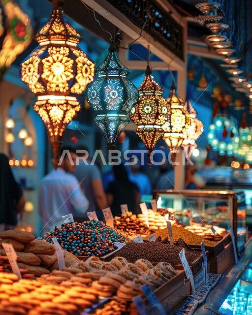 الفنون المميزة في اعداد و عرض المنتجات، حلويات من المطبخ السعودي, فوانيس معدنية تقليدية معلقة احتفالا في المناسبات والأعياد الاسلامية، زينة وأنوار رمضانية، الحلويات العربية التقليدية في إحدى المتاجر, الأسواق العربية الشعبية في المملكة