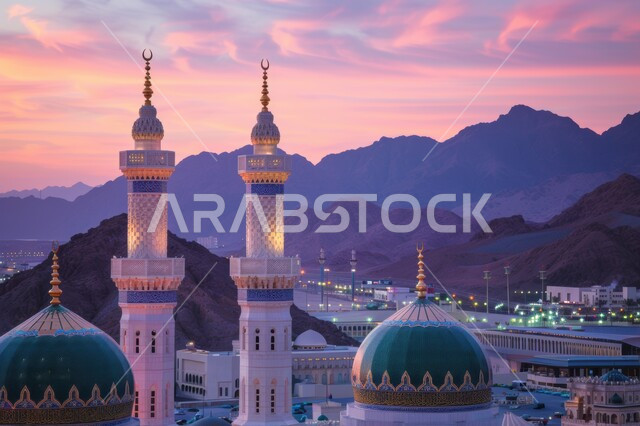 الفن الهندسي المعماري المتميز, الديكورات الاسلامية على الطراز الحديث في الممكلة العربية السعودية، العبادة والتقرب إلى الله، المآذن والقبب في وقت الغروب، منظر الغيوم في السماء