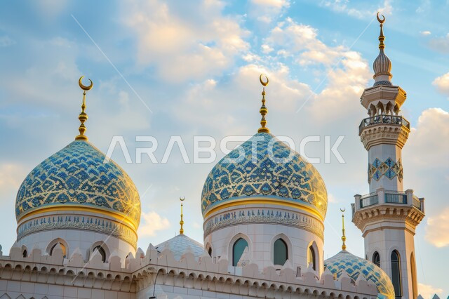 الفن الهندسي المعماري المتميز, الديكورات الاسلامية على الطراز الحديث في الممكلة العربية السعودية، العبادة والتقرب إلى الله، المآذن والقبب في وقت الغروب، منظر الغيوم في السماء