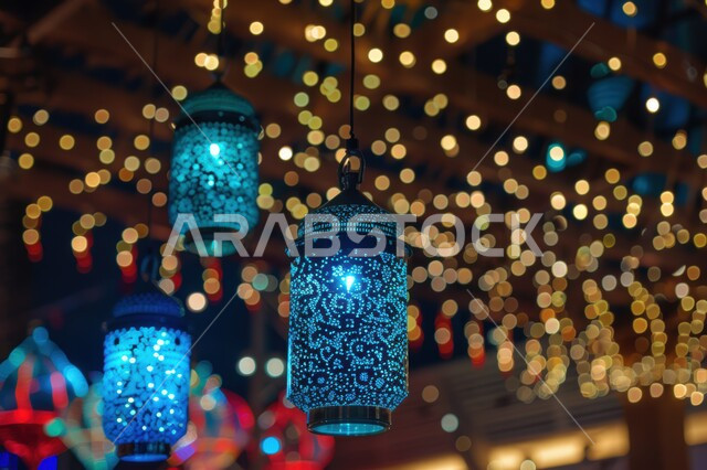 تحف وديكورات اسلامية تقليدية للاحتفال بقدوم شهر الخير، أجواء رمضانية وروحانية إسلامية في المملكة العربية السعودية، فوانيس عربية معدنية مزخرفة مضيئة معلقة، الاعياد والمناسبات الدينية، البهجة بقدوم رمضان المبارك