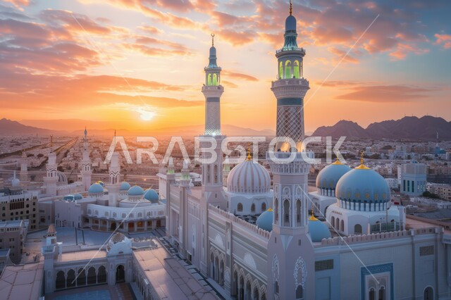 The concept of worship and drawing closer to God Almighty, decorations and architectural engineering designs for building mosques in the Kingdom of Saudi Arabia, minarets and domes in the Islamic style, the view of clouds in the sky at sunset