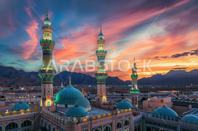 مفهوم العبادة والتقرب إلى الله تعالى، الديكورات والتصاميم الهندسية المعمارية لبناء المساجد في المملكة العربية السعودية، المآذن والقبب على الطراز الإسلامي،  منظر الغيوم في السماء وقت الغروب