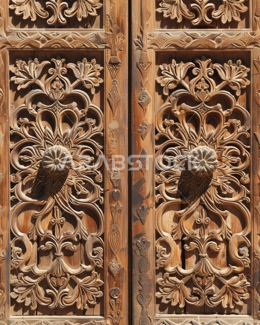 Doors made in the old wooden style, architectural engineering arts and Islamic designs for old doors in the Kingdom of Saudi Arabia, a wooden door carved with Arab heritage engravings and decorations